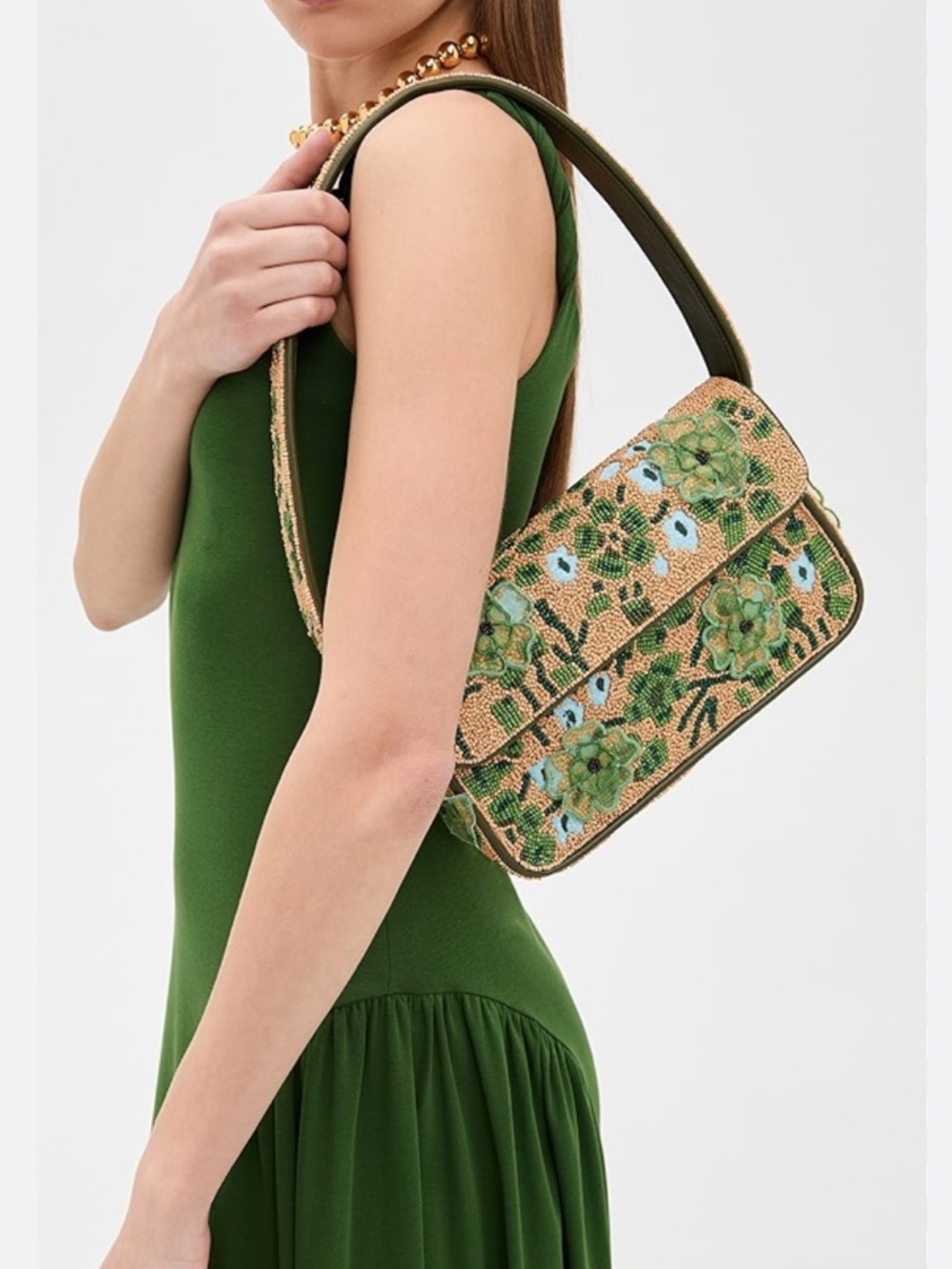NWT STAUD Tommy Beaded Bag, Moss Floral Tapestry - Picture 3 of 8